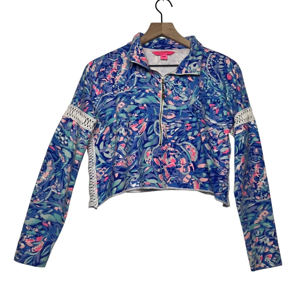 Lilly Pulitzer Cropped 1/4 Zip Pullover Jacket Blue Pink Green White Tropical S‎